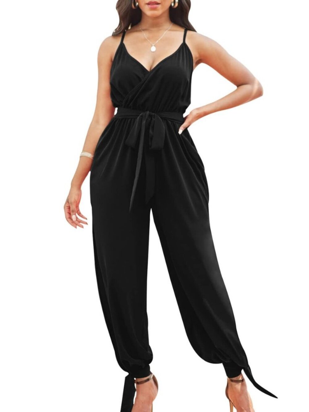 Casual Summer Dressy Jumpsuits for Women Spaghetti Strap Wide Leg Split Long